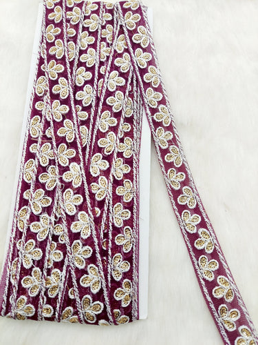Wholesale Wine Red Net Lace Floral Embroidery & Glitter Gold Sequins, Indian Wedding Border, Gifting Ribbon Costume Trim Fashion Trimming